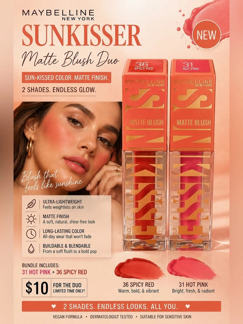Maybelline Sunkisser Matte Liquid Blush Duo Shades 31 hot pink 36 spicy red New